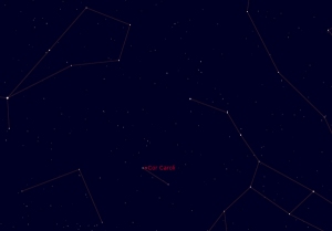 Cor Caroli is in Canis Venatici, under the handle of the Big Dipper. Zenith is just off the top of Bootes, near the top conter of this image. (Image created using Starry Night software)